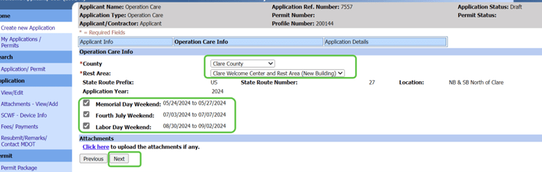 MiLogin screen showing the Operation CARE application sections for county, rest area and application year, as well as the next button.