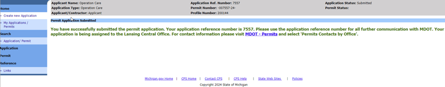 MiLogin screen showing the Operation CARE permit application submitted message.