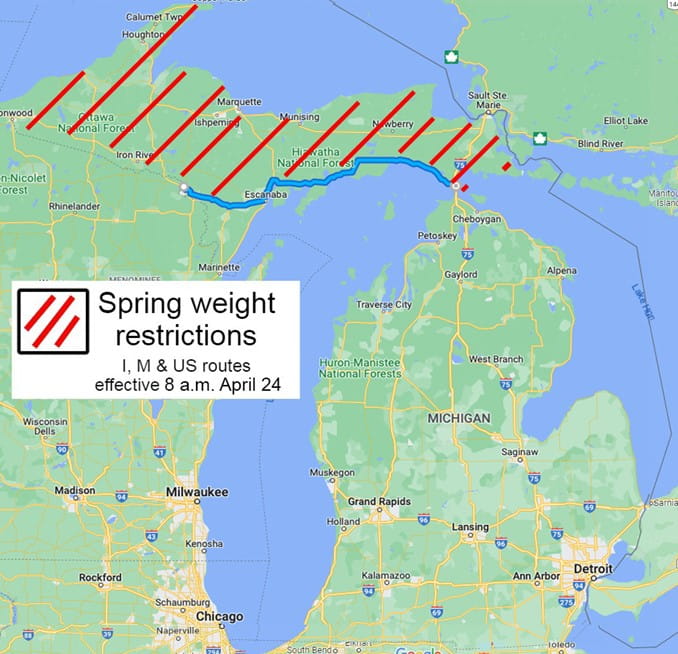 Spring weight restrictions map for April 20, 2023.