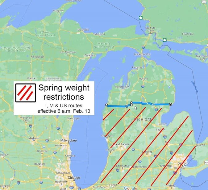 Spring weight restrictions map for Feb. 10, 2023.