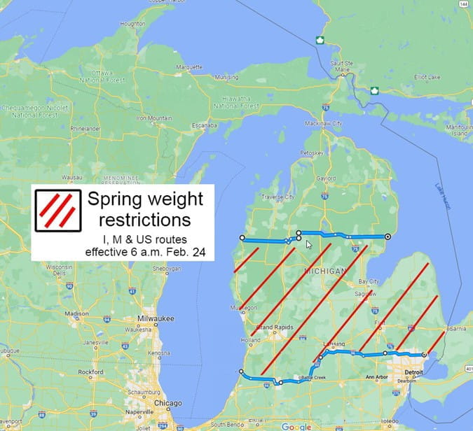 Spring weight restrictions map for Feb. 24, 2023.