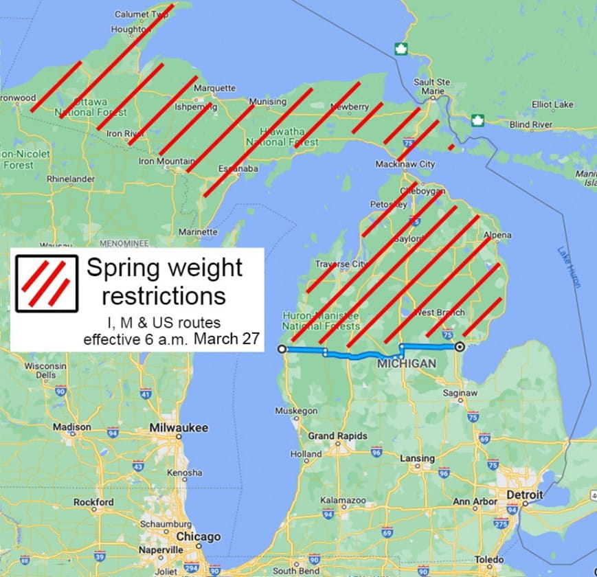 Map displaying weight restrictions, effective 8 a.m. Monday, March 27, 
