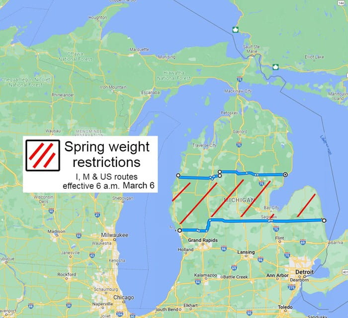 Spring weight restrictions map for Mar. 3, 2023.