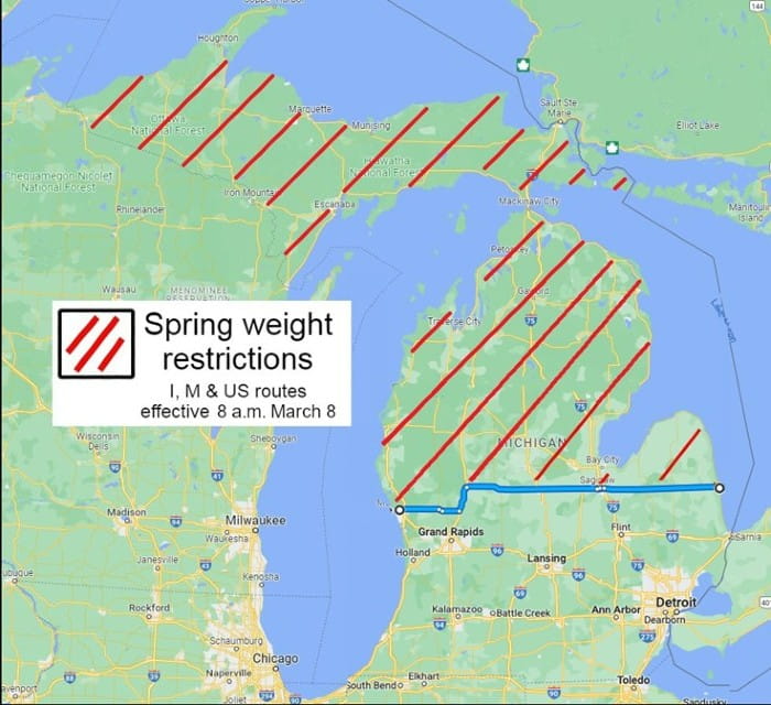 Spring weight restrictions map for Mar. 7, 2023.