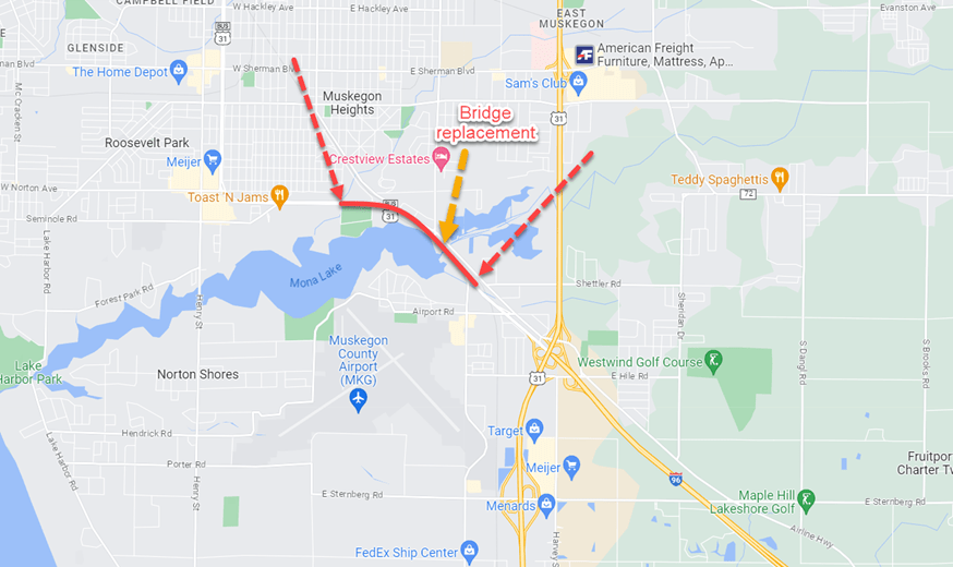 A map of US-31 in Muskegon showing the bridge replacement boundaries. 