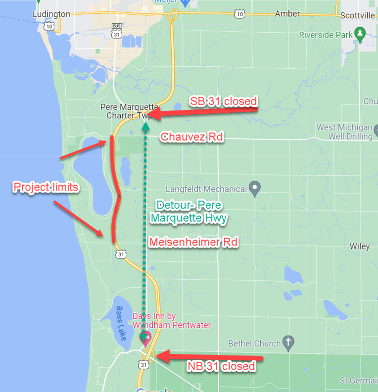 A project limits map of US-31 between Pentwater and Ludington, as well as the detour route.