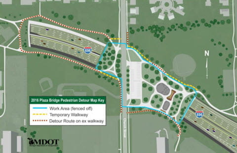 Plaza bridge proposed pedestrian detour map.