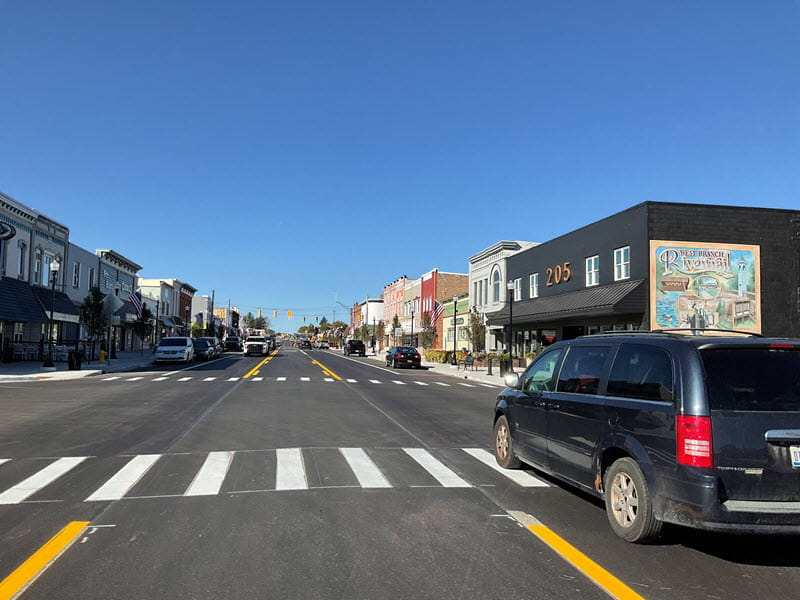 A view of M-55/I-75 BL following completion of MDOT’s rebuilding project through the West Branch downtown area.