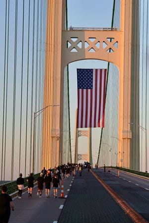 The American flag on display under the north tower.