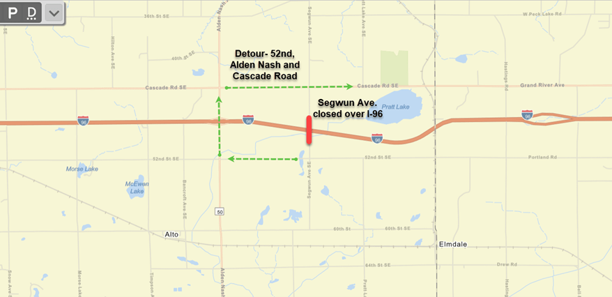 Segwun Avenue closed over I-96, detour 52nd, Alden, Nash and Cascade Road
