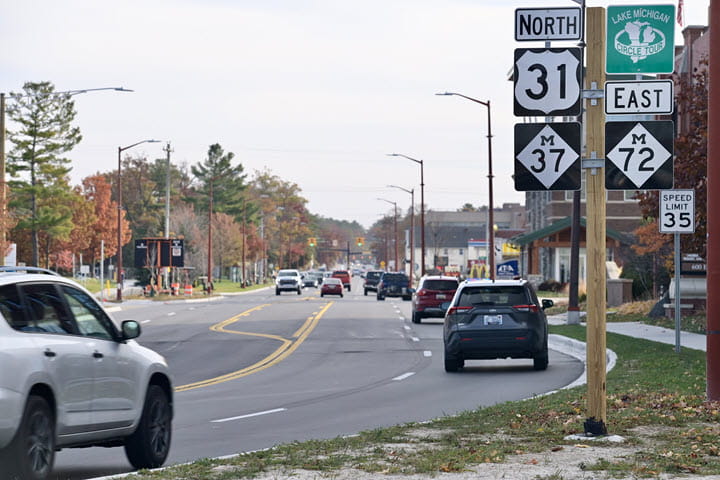 A view of US-31 (Front Street) in Traverse City at the newly rebuilt intersection with Grandview Parkway. 
