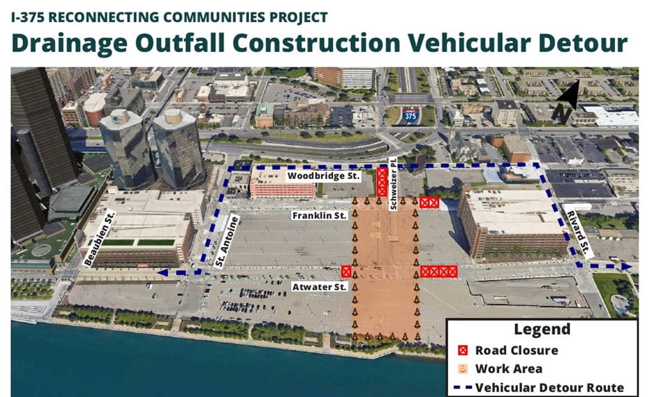 The I-375 Reconnecting Communities Project drainage outfall construction vehicular detour map.