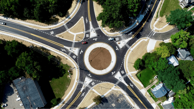 City of Allegan five legged intersection roundabout aerial image