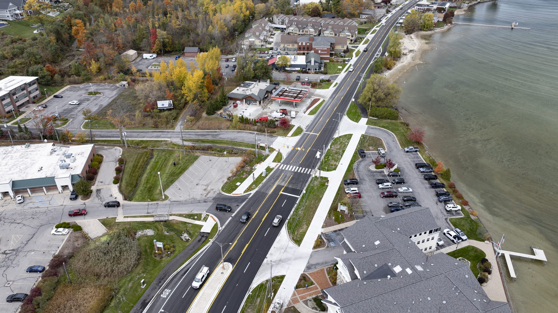 An aerial view of M-22 in Elmwood Township.
