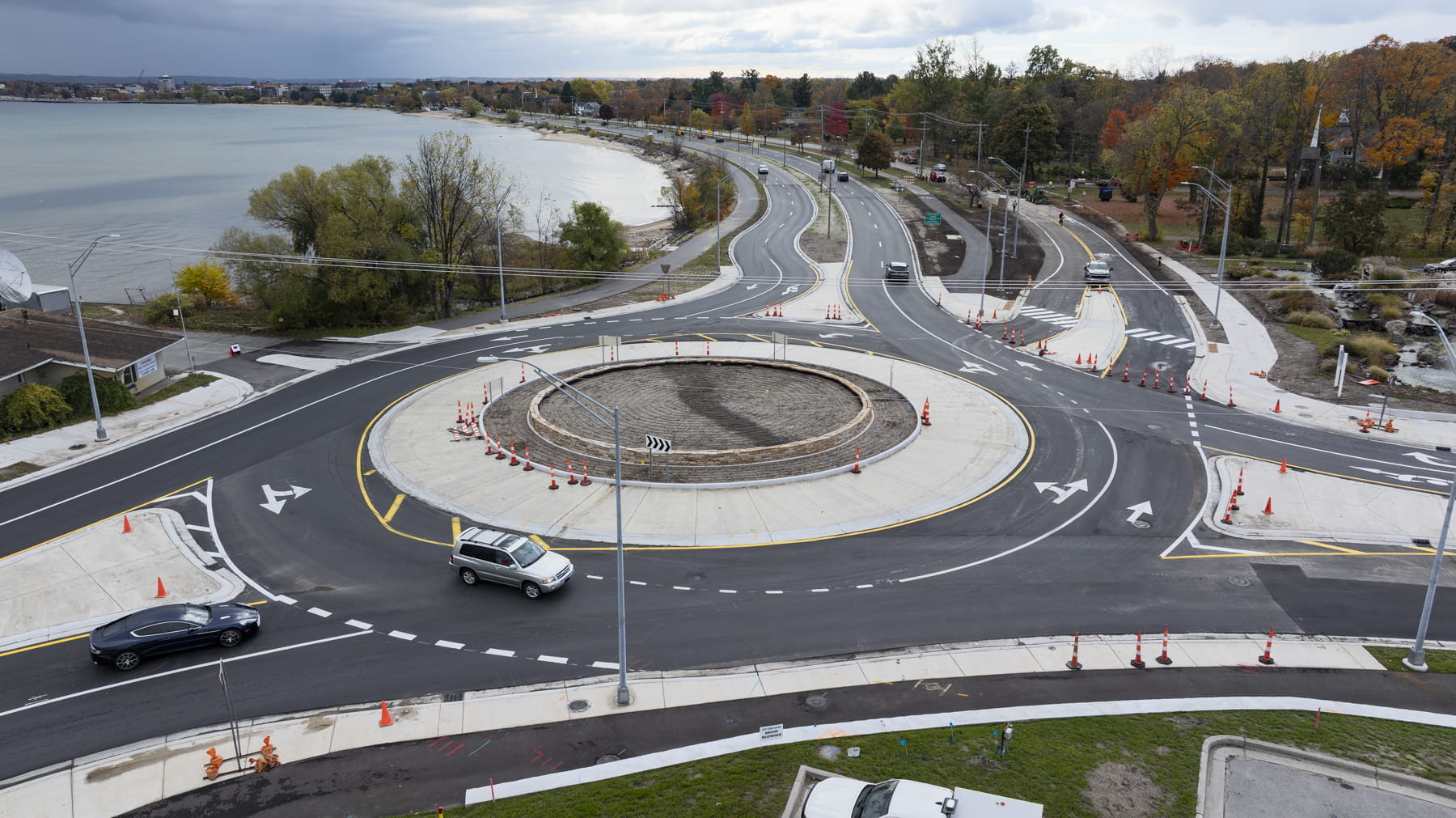 An aerial view of the new roundabout at the M-72/M-22 intersection between Elmwood Township and Traverse City. 
