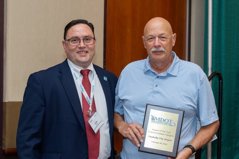 General Aviation Airport of the Year Award: Linn Smith, MDOT Office of Aeronautics deputy director, and Sandusky City Airport Manager Don Johnston.