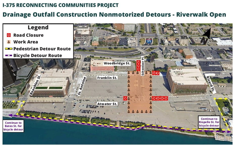 Pedestrian and bicycle detour along Riverwalk path for I-375 drainage construction
