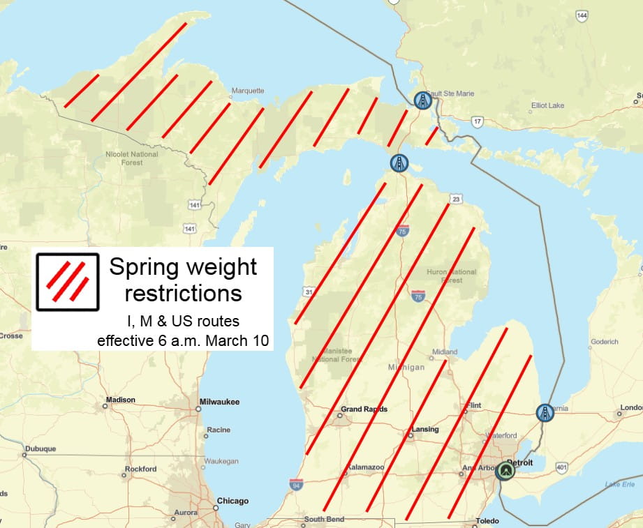 Spring weight restrictions map for March 10, 2025.