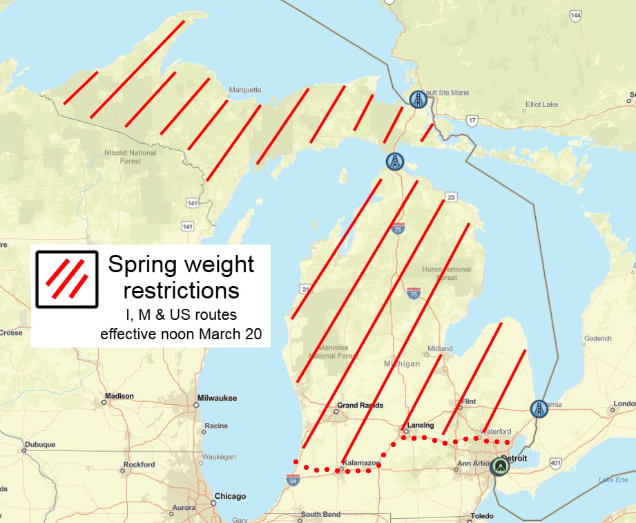 Spring weight restrictions map for March 20, 2025.