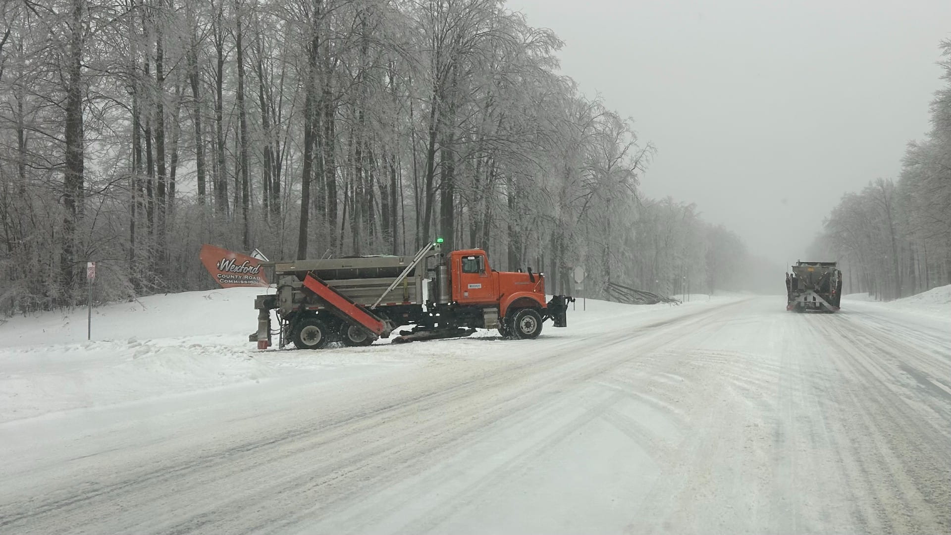 An MDOT plow truck leaves the Wexford County Road Commission to help clear county roads following the winter storm and freezing rain event. 