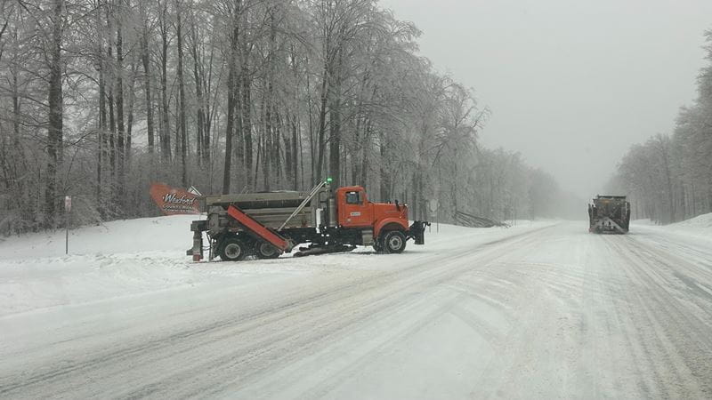 An MDOT plow truck leaves the Wexford County Road Commission to help clear county roads following the winter storm and freezing rain event.