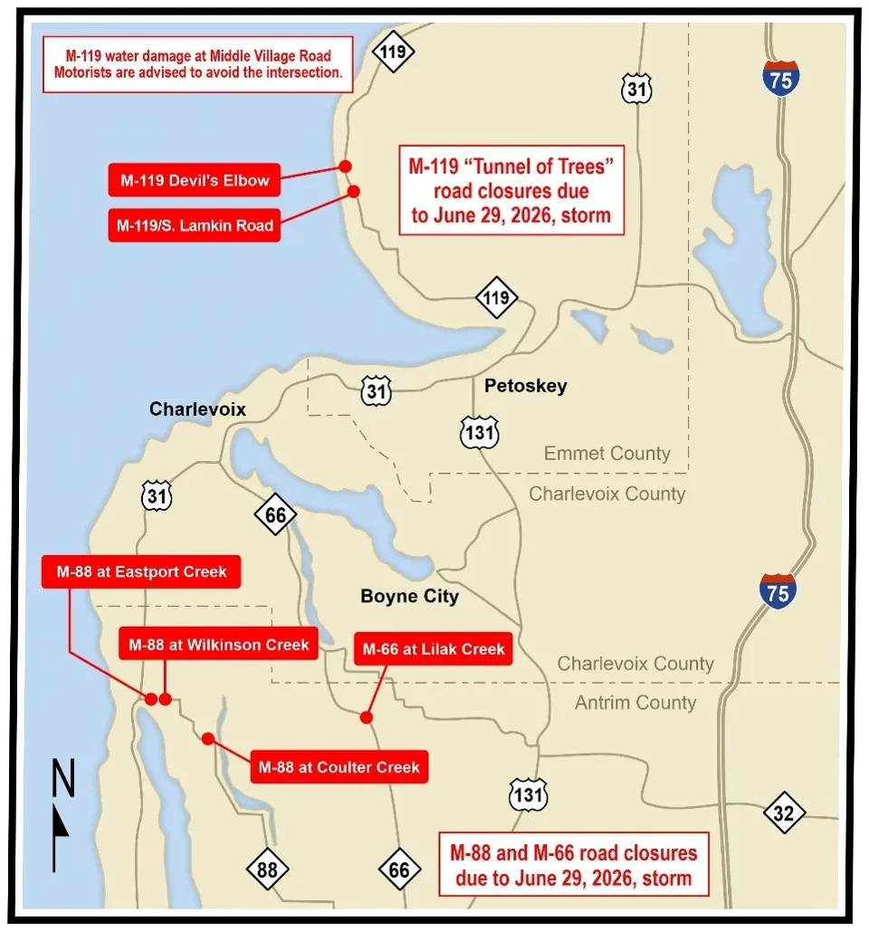 Northern Lower Peninsula state road closures due to June 29, 2026 thunderstorms