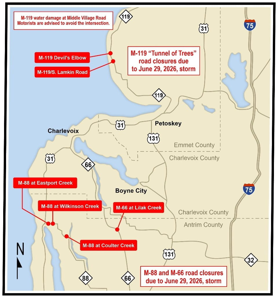 Northern Lower Peninsula state road closures due to June 29, 2026 thunderstorms