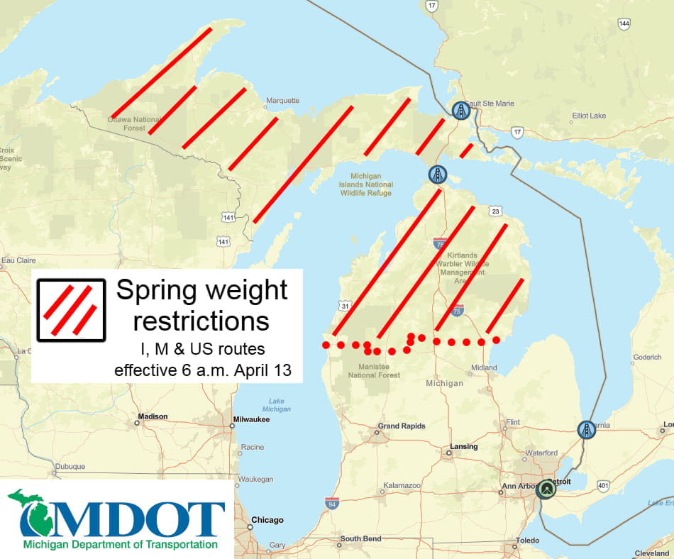 A map of Michigan showing the spring weight restrictions for the upper-middle portion of the lower peninsula and the whole Upper Peninsula as of April 13, 2026.