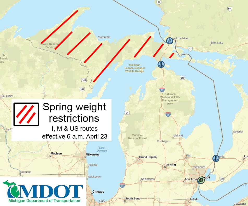 A map of Michigan showing the spring weight restrictions for the whole Upper Peninsula as of April 23, 2026.