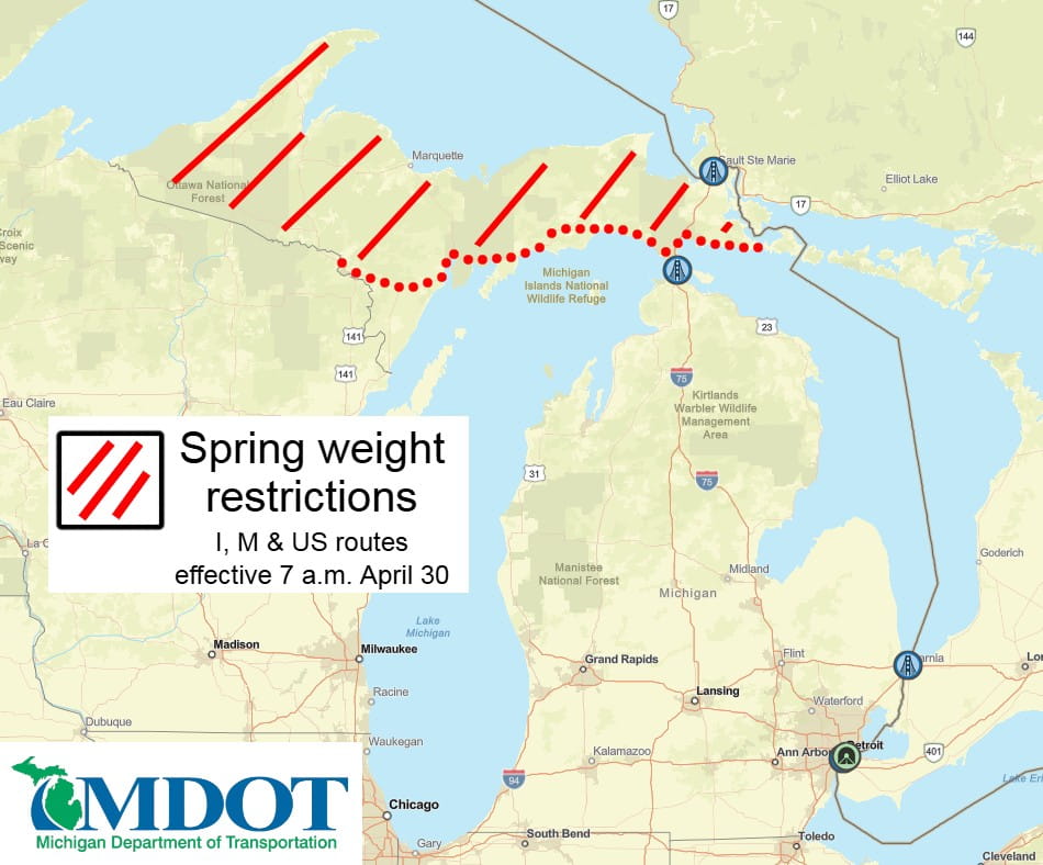 A map of Michigan showing the spring weight restrictions for the whole Upper Peninsula as of April 30, 2026.