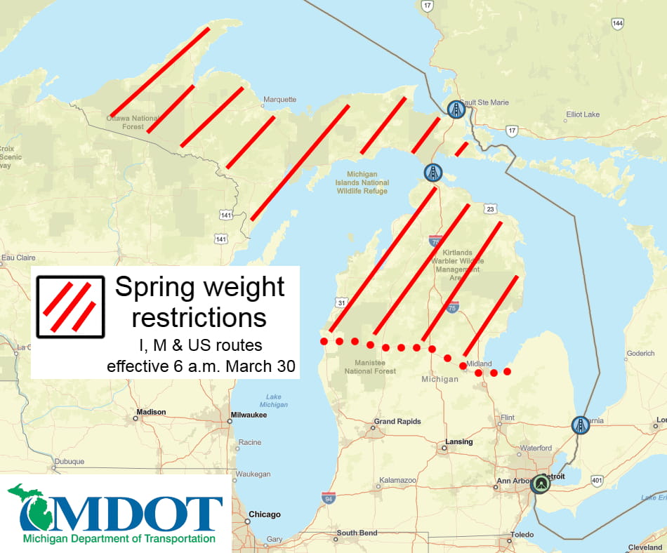 A map of Michigan showing the spring weight restrictions for the upper portions of the lower peninsula as of Mar. 30, 2026