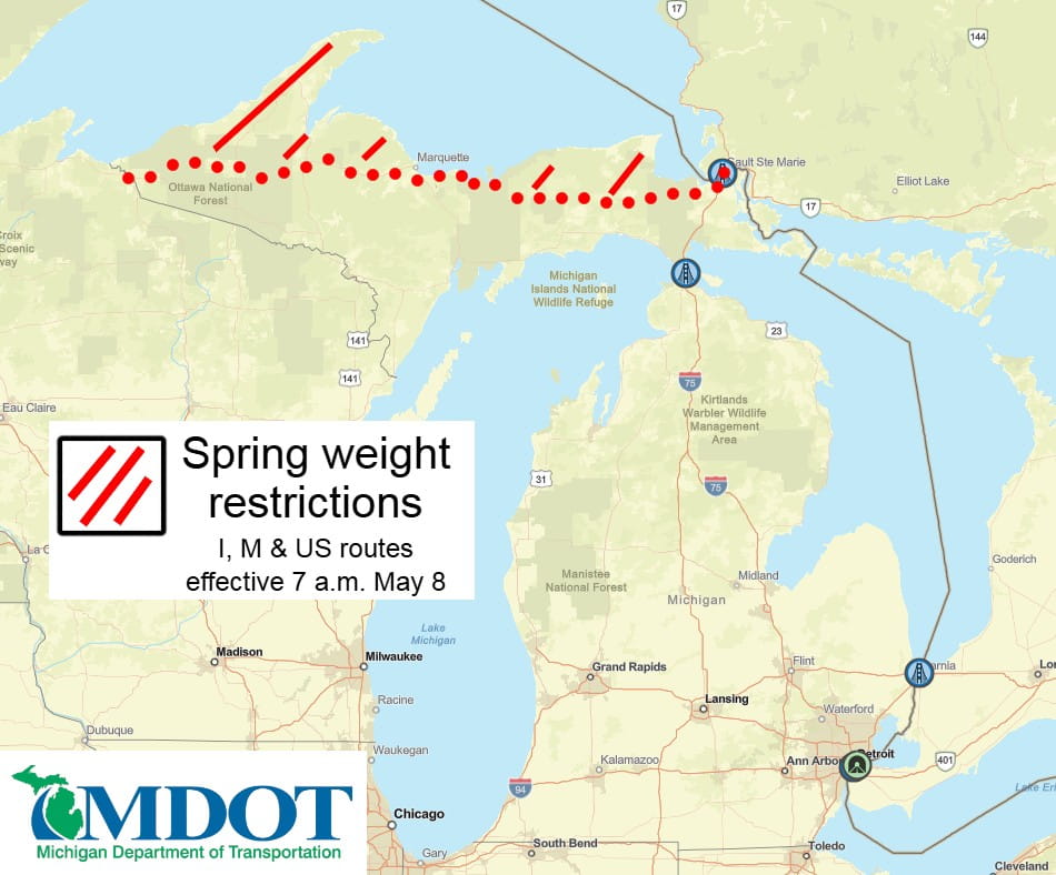 A map of Michigan showing the spring weight restrictions for the upper portion of the Upper Peninsula as of May 8, 2026.