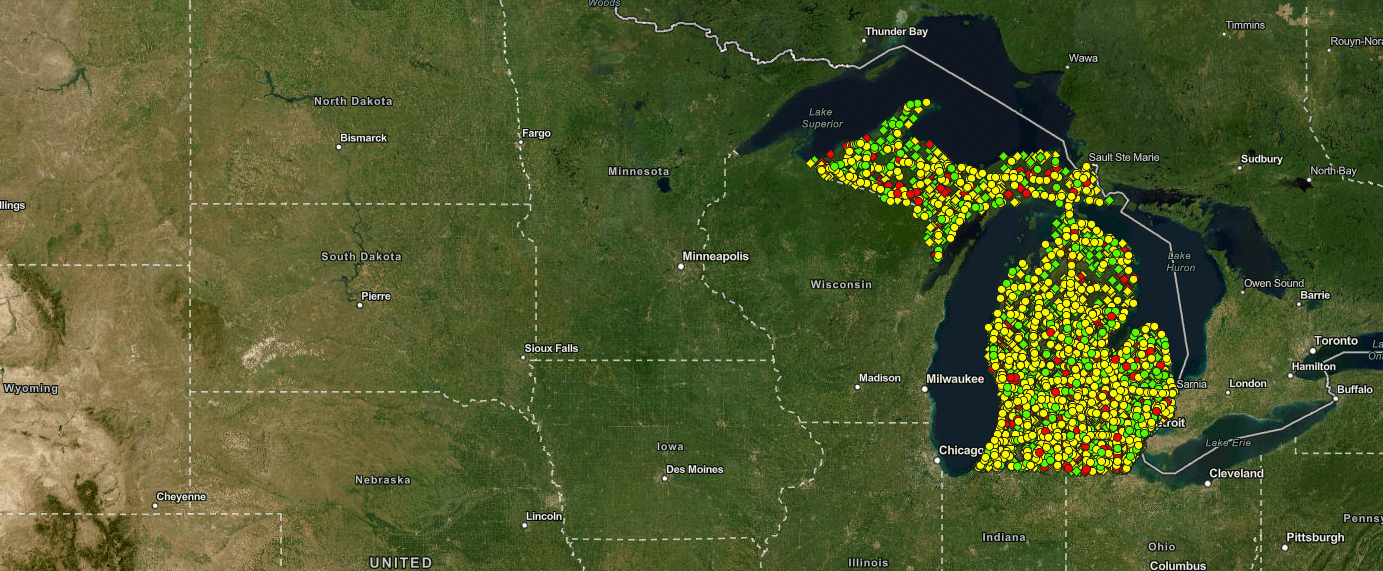 Michigan Bridge Conditions map screenshot showing locations of bridges with different reported conditions. 