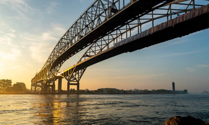 The Blue Water Bridge with the sun rising.