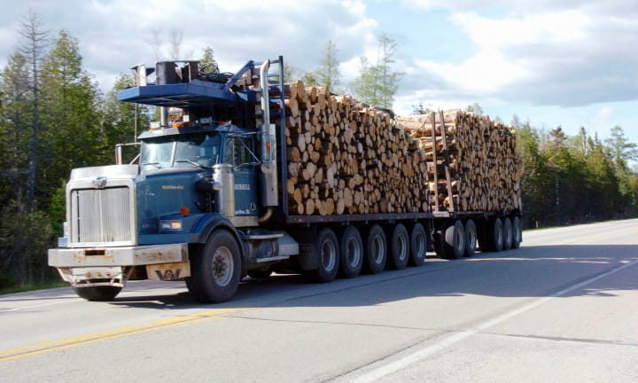 A logging truck driving across Michigan's Upper Peninsula.