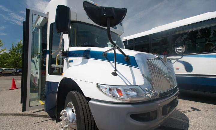 Up close image of a bus.