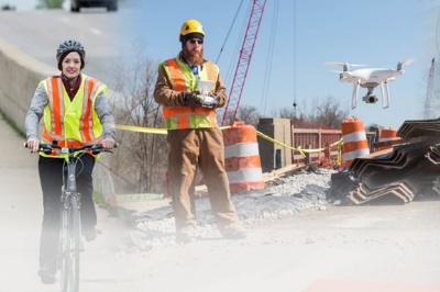 Collage featuring a woman in a reflective vest, biking and a picture of an employee flying a drone at a construction site.