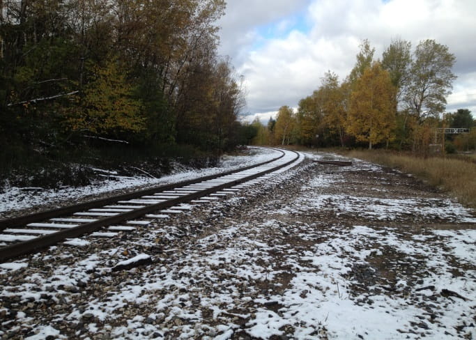 Railroad tracks with trees and light snow.