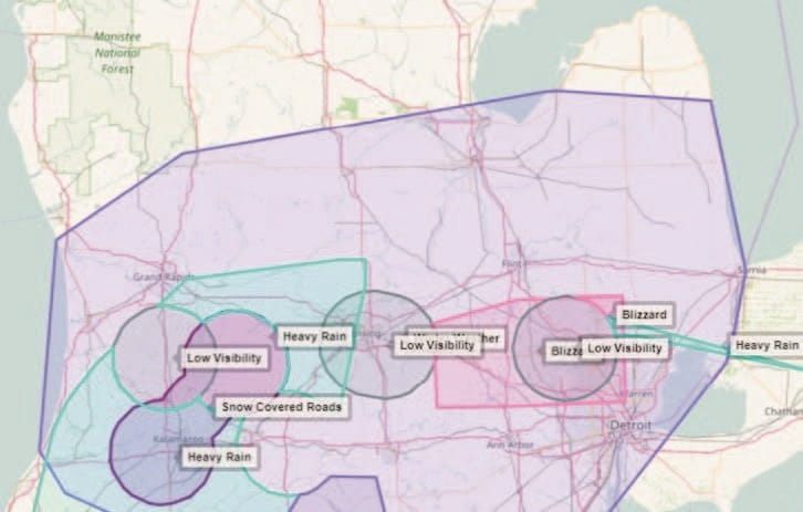 DUAP’s weather application uses aggregated weather data to generate alerts like “Snow Covered Roads” and “Low Visibility” that can be shared with motorists via Mi Drive and dynamic message signs.