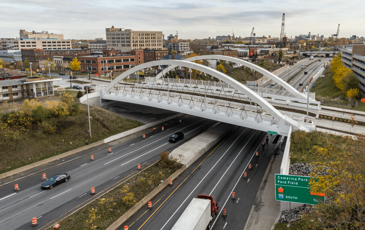 The arched 2nd Avenue Bridge spans the interstate in Detroit.