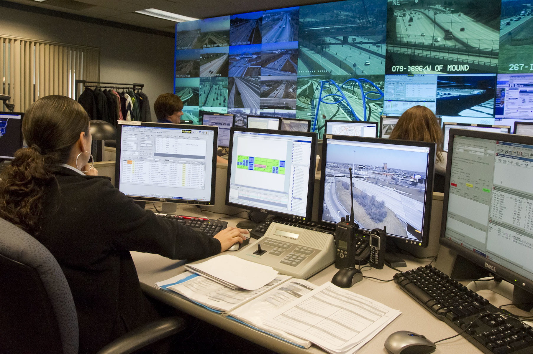Traffic monitoring displays at the MITSCenter in Detroit.