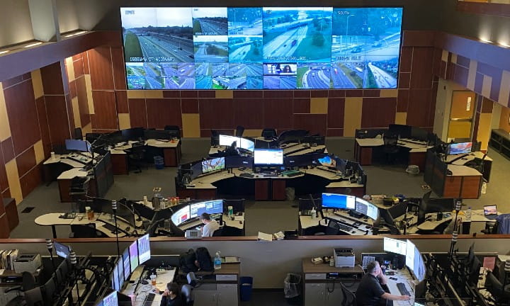 A view of the Southeast Michigan Transportation Operations Center (SEMTOC) control room. 