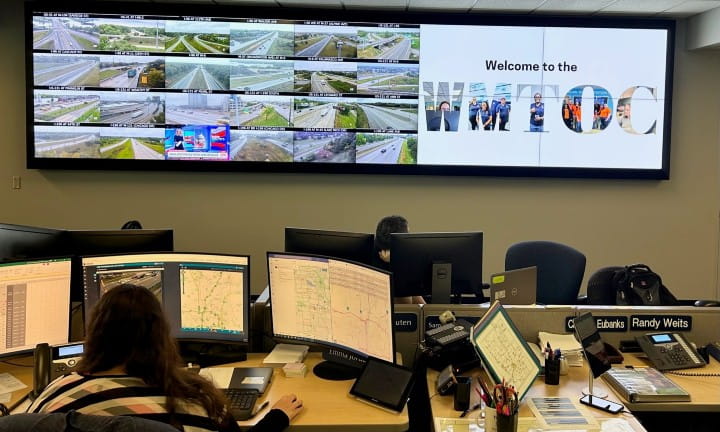 A view of the West Michigan Transportation Operations Center (WMTOC) control room. 