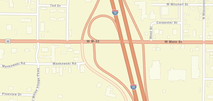 Map showing the construction of I-75 interchange at M-32 in Gaylord, Otsego County.