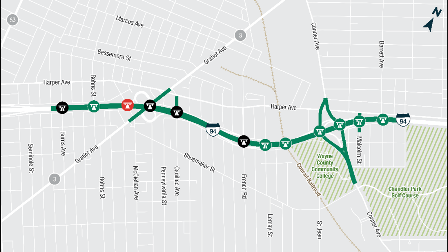 A map showing the locations of the advanced bridges as part of the I-94 package one project from Burns Avenue to Barrett Avenue.