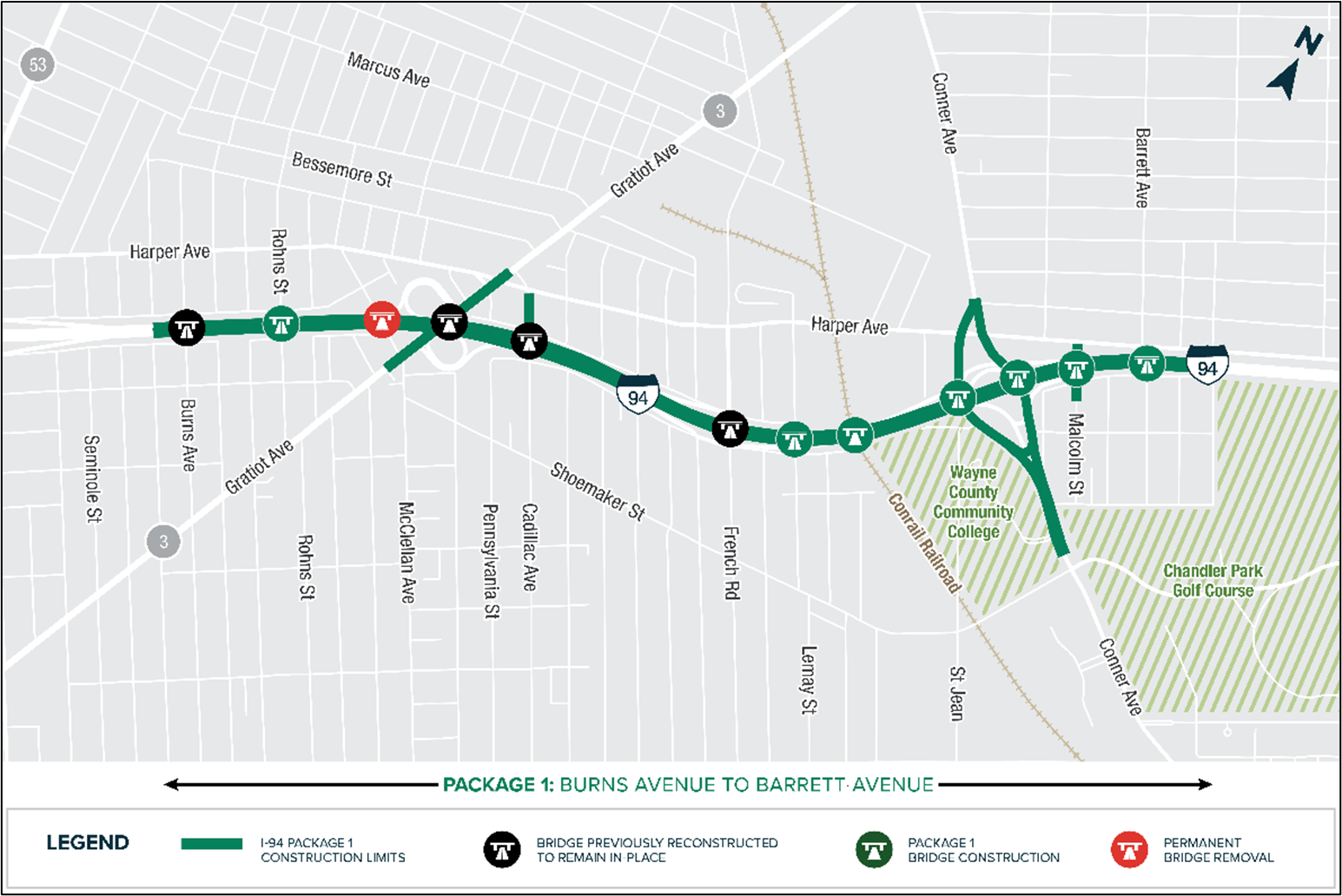 A map showing the locations of the advanced bridges and construction as part of the I-94 Package 1 project from Burns to Barrett avenues.