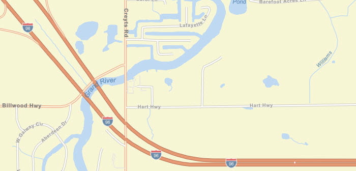 Map showing the construction of the bridges on I-96 over the Grand River and Billwood Highway.