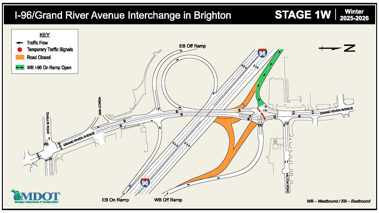 The I-96/Grand River Avenue interchange construction map for Stage 1W in winter 2025-2026.