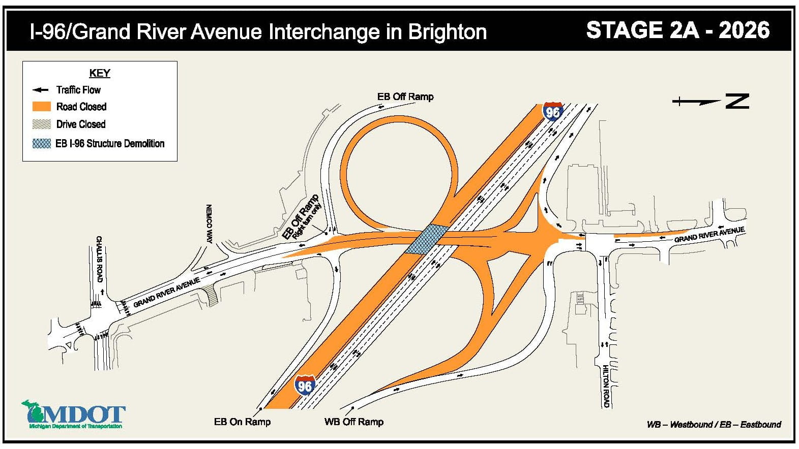 The I-96/Grand River Avenue interchange construction map for Stage 2A in 2026.
