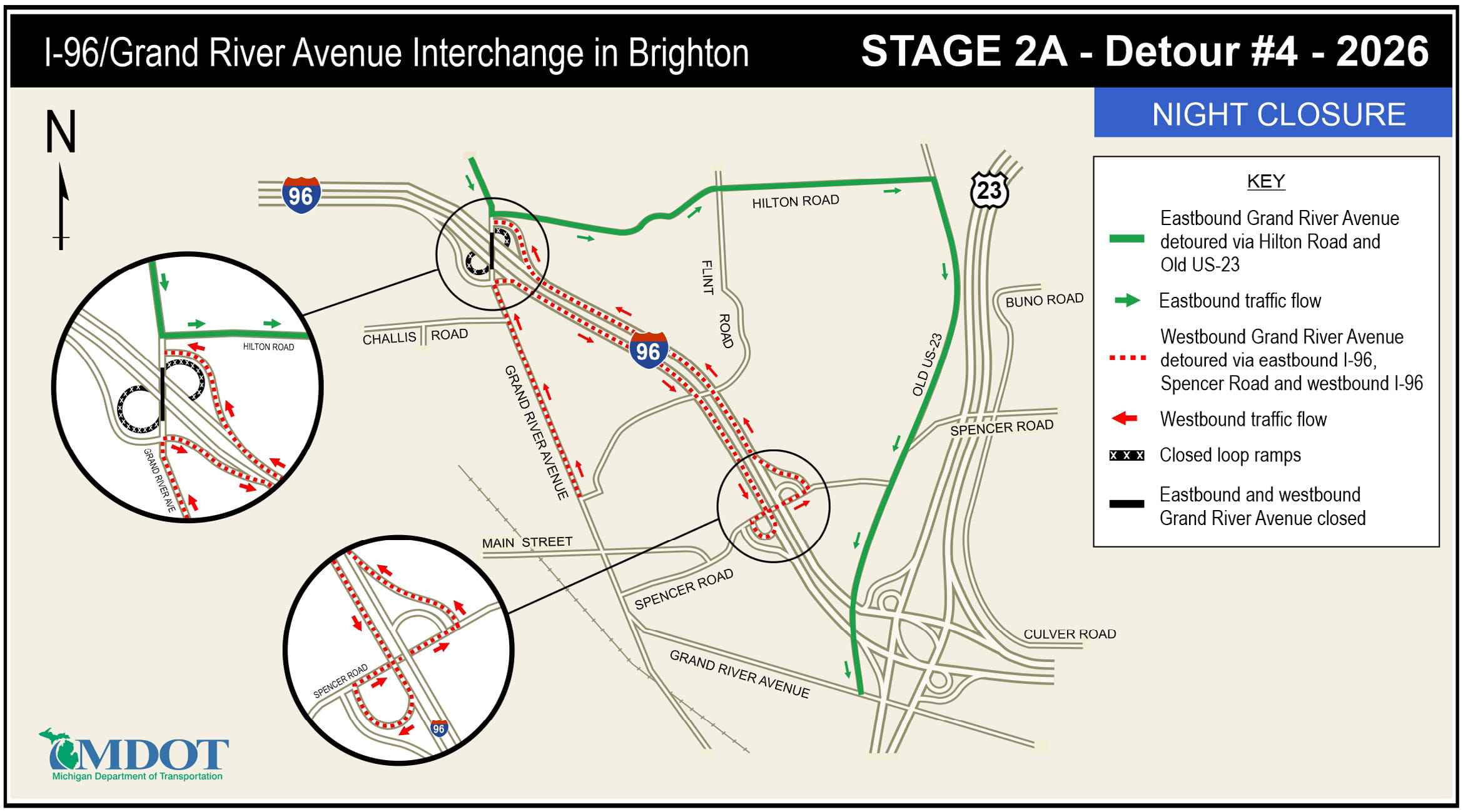 The Stage 2A - Detour 4 map for night closures in 2026. Westbound Grand River Avenue will be detoured via eastbound I-96, Spencer Road and westbound I-96. Eastbound Grand River Avenue will be detoured via Hilton Road and Old US-23. 